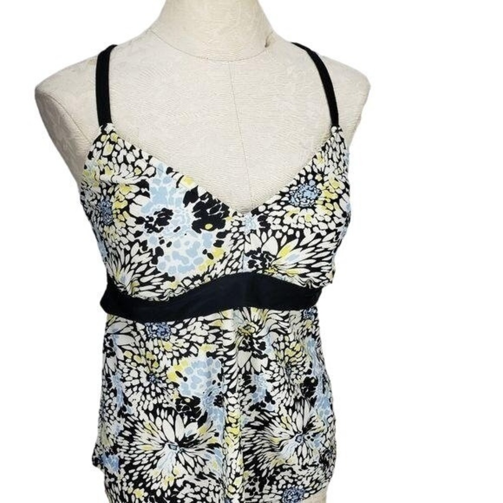 Coco Beach Floral‎ Tankini Swim Top Black Blue Yellow Padded Racerback Size M